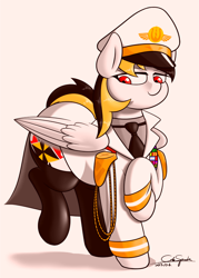 Size: 2000x2800 | Tagged: safe, artist:cdrspark, imported from derpibooru, oc, oc only, oc:spark apocalypse, pegasus, pony, cap, clothes, female, hat, lidded eyes, military uniform, overcoat, pegasus oc, red eyes, remastered, rubber boots, solo, uniform, wings
