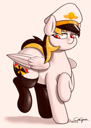 Size: 2000x2800 | Tagged: safe, artist:cdrspark, imported from derpibooru, oc, oc only, oc:spark apocalypse, pegasus, pony, cap, clothes, female, hat, lidded eyes, pegasus oc, red eyes, rubber boots, solo, uniform, wings