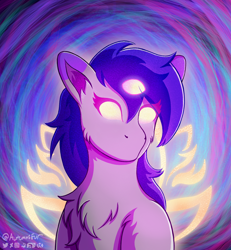 Size: 1296x1403 | Tagged: safe, artist:autumnsfur, imported from derpibooru, oc, oc only, oc:glitter stone, earth pony, pony, abstract, abstract art, awakening, bust, chest fluff, earth pony oc, eye clipping through hair, eyelashes, female, glowing, glowing eyes, glowing wings, gray coat, grey fur, hair over one eye, long hair, long mane, looking at someone, looking at something, mare, modern art, no mouth, purple hair, purple mane, signature, simple background, solo, third eye, white eyes, wings