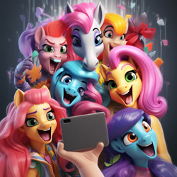 Size: 828x828 | Tagged: safe, artist:braydenjaselle, imported from derpibooru, fluttershy, human, pony, ai content, ai generated, machine learning abomination, phone, selfie, uncanny valley, wat