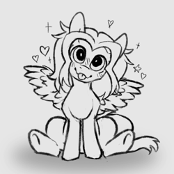 Size: 900x900 | Tagged: safe, artist:mr.catfish, imported from derpibooru, oc, oc only, pegasus, pony, black and white, blushing, cute, cute face, cute smile, gray background, grayscale, heart, looking at you, monochrome, pegasus oc, simple background, sitting, sketch, solo, spread wings, stars, wings