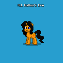 Size: 388x387 | Tagged: safe, imported from derpibooru, oc, oc:all hallow's eve, pony, unicorn, pony town, black mane, black tail, blue background, halloween, halloween pony, holiday, holiday pony, horn, orange fur, orange skin, simple background, tail, unicorn oc