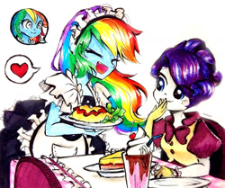 Size: 1280x1069 | Tagged: safe, artist:liaaqila, imported from derpibooru, rainbow dash, rarity, human, equestria girls, alternate hairstyle, clothes, drink, eyes closed, hypno dash, hypnosis, hypnotized, maid, milkshake, open mouth, open smile, rainbow dash always dresses in style, rainbow maid, smiling, swirly eyes, waitress