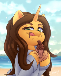 Size: 2400x3000 | Tagged: safe, artist:rivin177, imported from derpibooru, oc, oc:brooke, pony, unicorn, beach, clothes, commission, food, holding, horn, ice cream, ice cream cone, raised hoof, sand, scenery, sky, sweater, tongue out, ych result, your character here