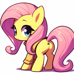 Size: 1024x1024 | Tagged: safe, imported from derpibooru, fluttershy, pony, ai content, ai generated, anus, butt, chibi, clothes, female, generator:dall-e 3, mare, nudity, plot, prompter:nebbie, shirt, simple background, simplistic anus, solo, white background, wingless