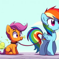 Size: 1024x1024 | Tagged: safe, imported from derpibooru, rainbow dash, scootaloo, pegasus, pony, ai content, ai generated, blushing, chest fluff, collar, fart, female, filly, foal, gassy, generator:dall-e 3, leash, mare, pet play, prompter:nebbie, wingless