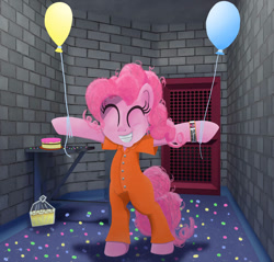 Size: 914x874 | Tagged: safe, artist:spellboundcanvas, imported from derpibooru, pinkie pie, pony, alcohol, balloon, bipedal, cake, clothes, confetti, drink, food, jail cell, jumpsuit, prison, prison outfit, prisoner, solo