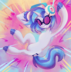 Size: 2129x2166 | Tagged: safe, artist:bishopony, imported from derpibooru, dj pon-3, vinyl scratch, pony, unicorn, abstract background, belly, female, grin, headphones, high res, mare, music notes, signature, smiling, solo, unshorn fetlocks