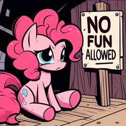 Size: 1024x1024 | Tagged: safe, derpibooru exclusive, imported from derpibooru, pinkie pie, earth pony, pony, ai content, ai generated, female, generator:dall-e 3, indoors, mare, no fun allowed, prompter:siber, sad, sign, sitting, solo