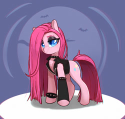 Size: 1000x952 | Tagged: safe, artist:inkypuso, imported from derpibooru, pinkie pie, earth pony, pony, choker, clothes, eyeshadow, female, goth, leather, leather vest, lidded eyes, looking at you, makeup, mare, pinkamena diane pie, solo, spiked choker, spiked wristband, vest, wristband