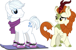 Size: 7392x4919 | Tagged: safe, artist:abion47, artist:aeonkrow, edit, imported from derpibooru, autumn blaze, double diamond, kirin, sounds of silence, the cutie map, absurd resolution, autumndiamond, clothes, cloven hooves, duo, duo male and female, eyebrows, female, lidded eyes, male, raised eyebrow, raised hoof, scarf, shipping, simple background, skis, smiling, straight, transparent background, vector