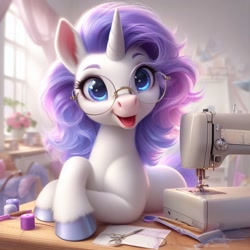 Size: 1024x1024 | Tagged: safe, imported from ponybooru, rarity, pony, unicorn, ai content, ai generated, alternate hairstyle, bing, carousel boutique, ear fluff, ears, female, fluffy, glasses, happy, looking at you, mare, messy mane, sewing machine, smiling, smiling at you, solo, unshorn fetlocks