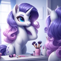 Size: 1024x1024 | Tagged: safe, imported from ponybooru, rarity, pony, unicorn, ai content, ai generated, alternate cutie mark, bing, brush, female, hoof on chin, looking at self, makeup, mare, mirror, solo