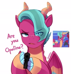 Size: 1967x2048 | Tagged: safe, artist:maren, imported from derpibooru, screencap, dragon, spoiler:g5, spoiler:my little pony: tell your tale, spoiler:tyts01e62, blaize, g5, gun, lavarynth, my little pony: tell your tale, simple background, weapon, white background