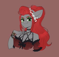 Size: 2451x2367 | Tagged: safe, artist:tomi_ouo, imported from derpibooru, oc, oc only, oc:void, anthro, pegasus, bare shoulders, breasts, brown background, bust, busty oc, choker, cleavage, lauren faust, lidded eyes, looking at you, mole, nose piercing, nose ring, piercing, signature, simple background, smiling, smiling at you, solo