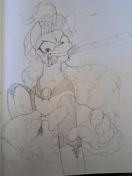 Size: 1536x2048 | Tagged: safe, artist:whydomenhavenipples, imported from ponybooru, oc, oc:nordpone, earth pony, gnome, pony, angry, cape, clothes, female, gritted teeth, mare, mouth hold, sword, traditional art, weapon