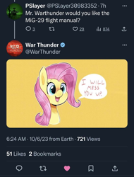 Size: 828x1089 | Tagged: safe, screencap, fluttershy, pegasus, pony, dialogue, english, female, mare, meta, simple background, speech bubble, text, threat, war thunder, x (platform), yellow background