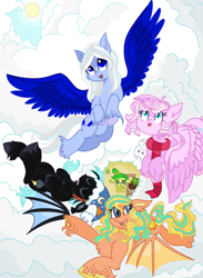 Size: 1475x2011 | Tagged: safe, artist:alulabelfry, imported from derpibooru, oc, oc only, oc:candy heart, oc:fern leaf, oc:midnight, oc:quantum infinitely, oc:sunlight glow, bat pony, pegasus, bat pony oc, bat wings, cloud, flying, ms paint, newbie artist training grounds, pegasus oc, wings