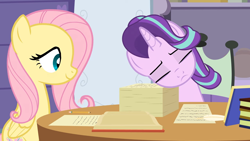 Size: 1280x720 | Tagged: safe, artist:agrol, imported from derpibooru, fluttershy, starlight glimmer, book, cute, glimmerbetes, pencil, quill, school of friendship, sleeping, stack of papers, the element of kindness