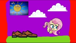 Size: 1080x612 | Tagged: safe, edit, imported from derpibooru, fluttershy, pegasus, pony, my little pony: pony life, the best of the worst, spoiler:pony life s01e02, clothes, purple background, shoes, simple background, theater