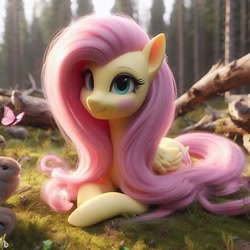 Size: 328x328 | Tagged: safe, imported from derpibooru, fluttershy, butterfly, pegasus, pony, rabbit, 3d, ai content, ai generated, animal, cute, generator:bing image creator, grass, grass field, log, prompter:jrshinkansenhorse, shyabetes, tree