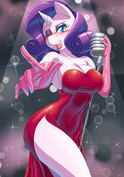 Size: 3541x5016 | Tagged: safe, artist:the-unicorn-lord, imported from derpibooru, rarity, anthro, unicorn, big breasts, breasts, busty rarity, cleavage, clothes, cosplay, costume, dress, evening gloves, female, gloves, jessica rabbit, lipstick, long gloves, looking at you, microphone, one eye closed, open mouth, pointing at you, shoulderless, side slit, smiling, smiling at you, solo, wink, winking at you