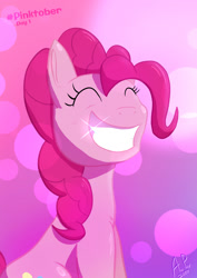 Size: 1240x1754 | Tagged: safe, artist:ace play, imported from derpibooru, pinkie pie, earth pony, pony, bust, eyes closed, female, grin, happy, mare, sitting, smiling, solo, sparkling smile