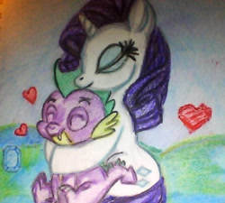 Size: 529x477 | Tagged: safe, artist:mistresscarrie, imported from derpibooru, rarity, spike, dragon, pony, unicorn, ^^, cute, daaaaaaaaaaaw, duo, eyelashes, eyes closed, eyeshadow, female, gem, heart, hug, hug from behind, makeup, male, mare, ship:sparity, shipping, sitting, smiling, straight