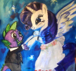 Size: 509x473 | Tagged: safe, artist:mistresscarrie, imported from derpibooru, rarity, spike, alicorn, dragon, pony, unicorn, alicornified, clothes, dancing, dress, duo, eyelashes, female, grin, holding hooves, looking at each other, looking at someone, male, night, princess rarity, race swap, raricorn, ship:sparity, shipping, smiling, smiling at each other, starry night, straight, suit, wings