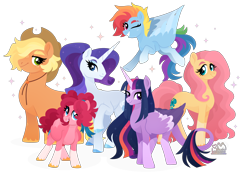 Size: 7000x4848 | Tagged: safe, artist:kabuvee, imported from derpibooru, applejack, fluttershy, pinkie pie, rainbow dash, rarity, twilight sparkle, alicorn, earth pony, pegasus, pony, alternate design, earth pony fluttershy, mane six, pegasus pinkie pie, race swap, simple background, transparent background, twilight sparkle (alicorn)