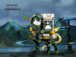 Size: 4000x3000 | Tagged: safe, artist:dalagar, imported from derpibooru, oc, oc only, oc:mint wellington, sphinx, boxes, death stranding, delivery pony, high res, hood, leonine tail, male, paws, pyramid, sphinx oc, tail