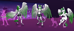 Size: 6200x2657 | Tagged: safe, artist:dalagar, imported from derpibooru, oc, oc only, oc:mint wellington, anthro, sphinx, boxers, clothes, colored wings, high res, large wings, leonine tail, paws, reference sheet, size comparison, smiling, sphinx oc, spread wings, tail, two toned wings, underwear, wings, yarn, yarn ball