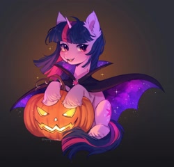 Size: 2048x1969 | Tagged: safe, artist:tyutya_loh123, imported from derpibooru, twilight sparkle, pony, unicorn, cape, clothes, costume, cute, ear fluff, eyebrows, eyebrows visible through hair, fangs, female, g4, halloween, halloween costume, high res, holiday, hoof fluff, horn, jack-o-lantern, looking at you, mare, open mouth, pumpkin, signature, sitting, solo, sparkles, twiabetes, unicorn twilight