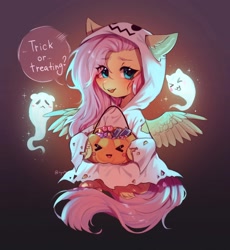 Size: 1884x2048 | Tagged: safe, artist:tyutya_loh123, imported from derpibooru, fluttershy, ghost, pegasus, pony, undead, candy, clothes, costume, cute, eye clipping through hair, eyebrows, female, flutterghost, food, g4, ghost costume, halloween, halloween costume, holiday, looking at you, mare, open mouth, pumpkin, pumpkin bucket, shyabetes, signature, sitting, solo, sparkles, speech bubble, spread wings, trick or treat, wings