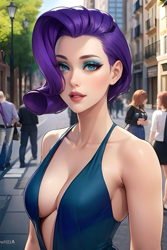 Size: 1024x1536 | Tagged: safe, editor:sammykun, imported from derpibooru, rarity, human, absolute cleavage, ai content, ai generated, barcelona, breasts, building, busty rarity, city, cleavage, clothes, dress, eyeshadow, female, female focus, humanized, looking at you, makeup, prompter:sammykun, short hair, sleeveless, sleeveless dress, solo, solo focus, street, tree