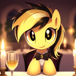 Size: 1024x1024 | Tagged: safe, oc, oc:leslie fair, earth pony, ai content, ai generated, alcohol, alternate hairstyle, blurry background, bowtie, candle, candlelight dinner, clothes, cute, date, dollar sign, dollar sign eyes, generator:bing image creator, glass, hooves on the table, looking at you, offscreen character, pov, smiling, smiling at you, solo, suit, wine, wine glass, wingding eyes