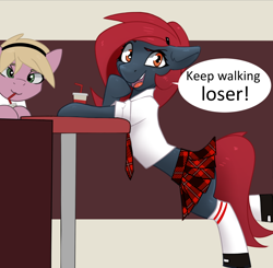 Size: 1600x1565 | Tagged: safe, artist:kuri_art, imported from derpibooru, oc, oc only, oc:jessi-ka, oc:kate, earth pony, pony, semi-anthro, clothes, drink, drinking, female, looking at you, mare, mocking, necktie, school uniform, skirt, smiling, socks