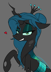 Size: 1239x1760 | Tagged: safe, artist:pinkberry, imported from ponybooru, queen chrysalis, changeling, changeling queen, alternate hairstyle, bust, female, heart, smiling, smirk, solo