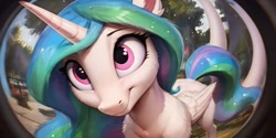 Size: 1024x512 | Tagged: safe, imported from derpibooru, princess celestia, alicorn, pony, ai content, ai generated, cute, cutelestia, female, fisheye lens, fluffy, g4, long mane, looking at you, mare, smiling, solo, tree