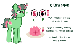 Size: 4096x2574 | Tagged: safe, artist:hoodrams, imported from derpibooru, oc, oc only, oc:chewshoe, earth pony, cutie mark, gelatin, reference sheet, simple background, solo, swirly eyes, text, white background