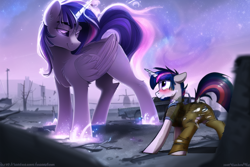 Size: 720x480 | Tagged: safe, editor:primortal, imported from derpibooru, twilight sparkle, oc, alicorn, pony, unicorn, fallout equestria, ai assisted, ai content, ai generated, artificial alicorn, blushing, butt, clone, clothed male, clothes, dusk shine, ethereal mane, ethereal tail, female, generator:novelai, generator:stable diffusion, larger female, male, mother and child, mother and son, non-canon, paint.net, photoshop, plot, rule 63, size difference, smaller male, somber smile, tail, technically rule 63, torn clothes, twilight sparkle (alicorn), ultimate twilight, wasteland