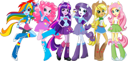 Size: 2177x1046 | Tagged: safe, artist:figyalova, imported from derpibooru, applejack, fluttershy, pinkie pie, rainbow dash, rarity, twilight sparkle, equestria girls, boots, clothes, full body, humane five, ponied up, shoes, simple background, transparent background, vector