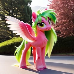 Size: 768x768 | Tagged: safe, imported from derpibooru, lemon zest, pegasus, pony, ai content, ai generated, female, generator:purplesmart.ai, generator:stable diffusion, irl, looking at you, mare, outdoors, photo, ponies in real life, ponified, smiling, solo, spread wings, unshorn fetlocks, wings