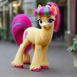 Size: 768x768 | Tagged: safe, imported from derpibooru, sour sweet, earth pony, pony, ai content, ai generated, female, generator:purplesmart.ai, generator:stable diffusion, irl, looking at you, mare, photo, ponies in real life, ponified, smiling, solo, unshorn fetlocks