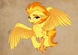 Size: 4096x2896 | Tagged: safe, artist:artharuhi, imported from derpibooru, spitfire, pegasus, pony, female, looking at you, open mouth, open smile, simple background, smiling, solo, spread wings, thick eyebrows, unshorn fetlocks, wings