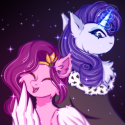 Size: 2500x2500 | Tagged: safe, artist:fluffywhirlpool, imported from derpibooru, pipp petals, rarity, pegasus, pony, unicorn, adorapipp, bust, colored sketch, cute, duo, duo female, ear fluff, eyes closed, female, g4, g5, looking at someone, magic, magic aura, mare, mlp fim's thirteenth anniversary, open mouth, open smile, pipp and her heroine, sketch, smiling, wings
