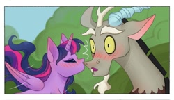 Size: 720x416 | Tagged: safe, artist:daffolyn, imported from derpibooru, discord, twilight sparkle, alicorn, comic:discordant intentions, the ending of the end, antlers, blushing, close-up, discolight, female, flowing hair, friendshipping, horn, male, outdoors, platonic kiss, shipping, shocked, shocked expression, straight, twilight sparkle (alicorn)