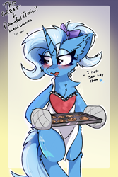 Size: 2000x3000 | Tagged: safe, artist:jubyskylines, imported from derpibooru, trixie, pony, semi-anthro, unicorn, apron, baking, bipedal, blush lines, blushing, bow, clothes, cookie, cute, dialogue, diatrixes, food, hair bow, open mouth, oven mitts, ponytail, solo, tray