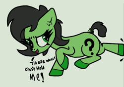 Size: 728x513 | Tagged: safe, artist:scandianon, imported from derpibooru, oc, oc only, oc:filly anon, earth pony, pony, dock, female, filly, floppy ears, foal, furrowed brow, hooves, kicking, simple background, tail, talking