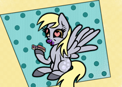 Size: 1400x1000 | Tagged: safe, artist:scandianon, imported from derpibooru, derpy hooves, pegasus, pony, dilated pupils, eating, female, food, heart, heart eyes, hooves, mare, open mouth, open smile, sandwich, sitting, smiling, spread wings, wingding eyes, wings